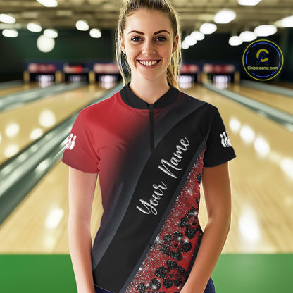 Black and Red Glitter Flower Bowling Polo, Quarter Zip Shirt for Women Custom Bowling Team Jerseys NQS11686