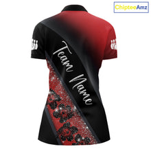 Load image into Gallery viewer, Black and Red Glitter Flower Bowling Polo, Quarter Zip Shirt for Women Custom Bowling Team Jerseys NQS11686
