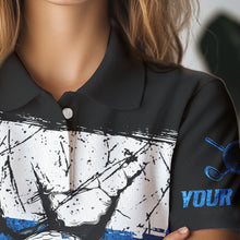 Load image into Gallery viewer, Black, White &amp; Blue Retro broken Golf ball Women Polo shirt Custom Team golf outfit ladies golf top NQS9788