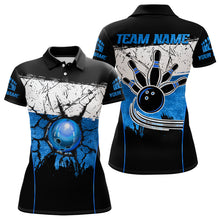 Load image into Gallery viewer, Black, White &amp; Blue Retro broken Bowling ball Polo, 1/4 Zip Shirt For Women Custom Bowling Team Shirts NQS9789