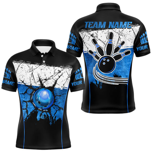 Black, White and Blue Retro broken Bowling ball Polo, 1/4 Zip Shirt For Men Custom Bowling Team Shirts NQS9789