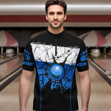 Load image into Gallery viewer, Black, White and Blue Retro broken Bowling ball Polo, 1/4 Zip Shirt For Men Custom Bowling Team Shirts NQS9789