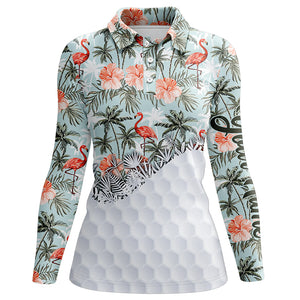 Tropical palm trees flamingo hibiscus pattern custom Womens golf polo shirts team ladies golf tops NQS5586