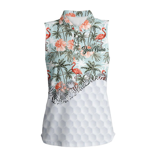 Tropical palm trees flamingo hibiscus pattern custom sleeveless polo shirts team ladies golf tops NQS5586