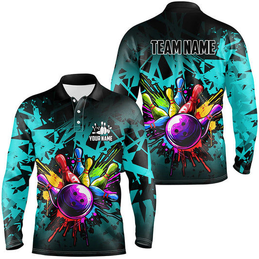 Colorful bowling jerseys Polo, 1/4 Zip Shirt for Men Custom Bowling Team shirts for bowler | Cyan Blue NQS7707