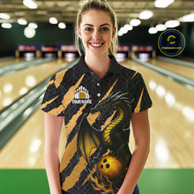Load image into Gallery viewer, Black and Gold Dragon Bowling Polo, Quarter Zip Shirts for Women Custom Bowling Outfit Team jersey NQS10037
