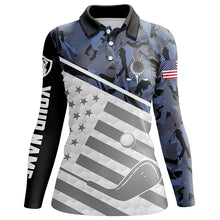 Load image into Gallery viewer, Womens golf polos shirts custom name blue camo American flag patriotic lady golf clothes NQS6029