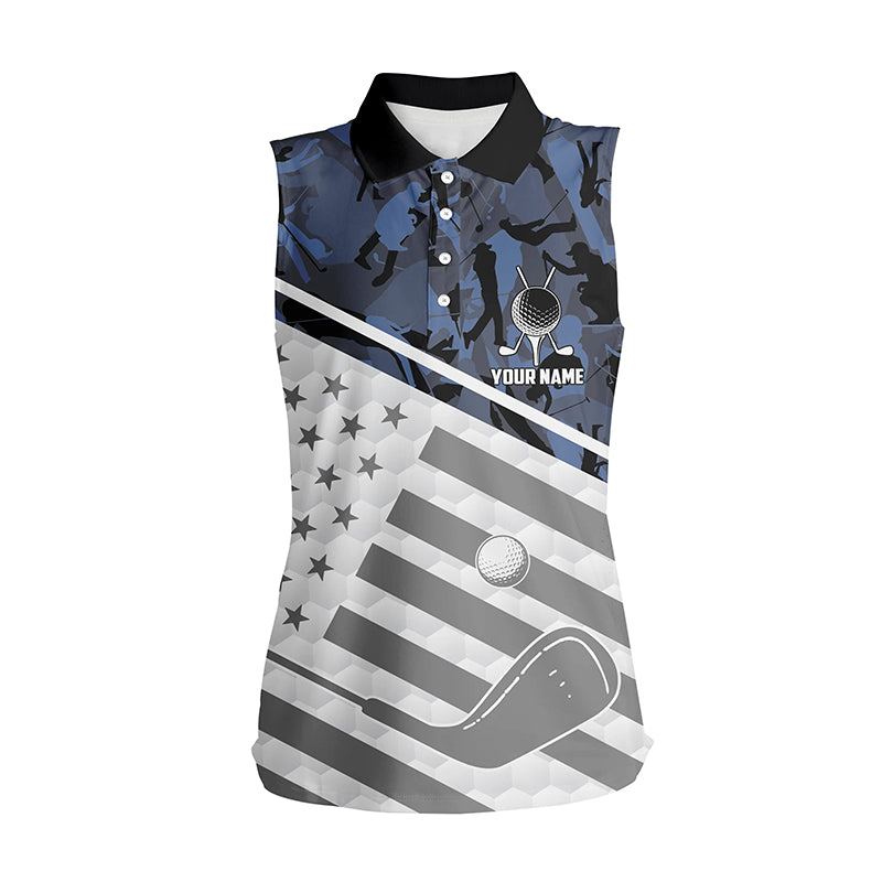 Womens sleeveless polo shirt custom name blue camo American flag patriotic golf apparel for ladies NQS6029