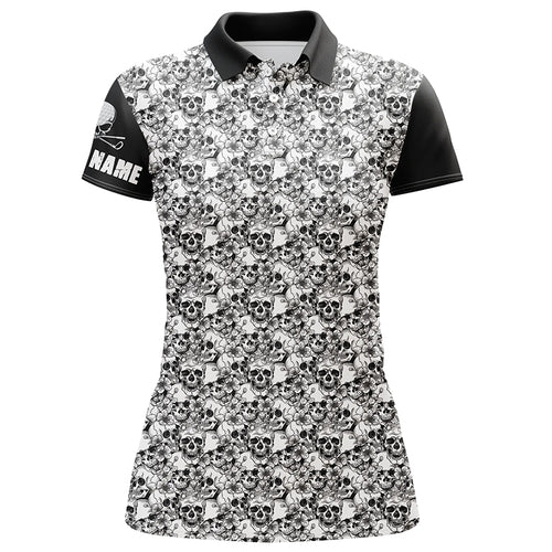 Black and white Womens golf polos shirts custom name skull pattern women's golf outfit NQS6030
