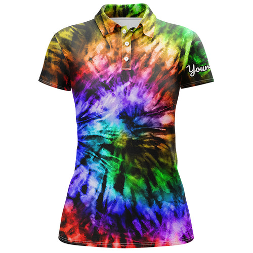 Womens golf polo shirts custom colorful rainbow black tie dye women's golf attire, apparel for ladies NQS6032