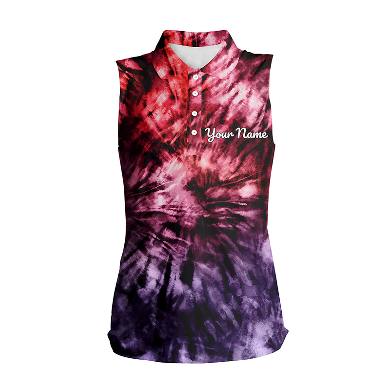 Women Sleeveless polo shirt custom colorful red purple tie dye women's golf attire, lady golf wear NQS6033