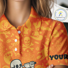 Load image into Gallery viewer, Funny orange Halloween pattern Skull Golf Polo Shirt For Women Custom golf clothes for ladies NQS10769