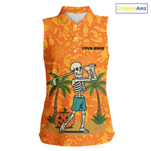Load image into Gallery viewer, Funny orange Halloween pattern Skull Sleeveless Golf Polo Shirt Custom golf clothes for ladies NQS10769