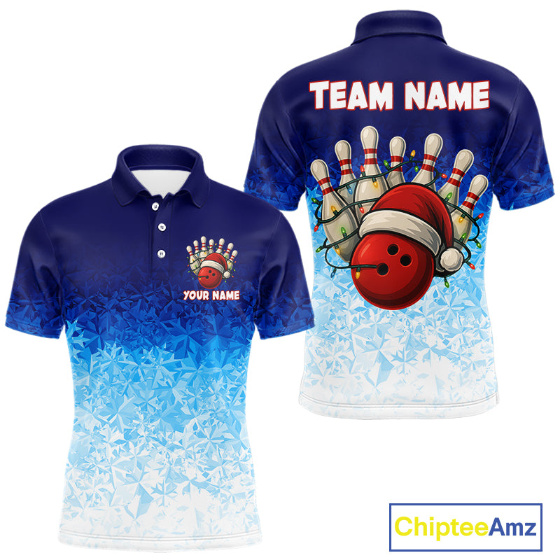 Blue Ice pattern Christmas Team Bowling Polo, Quarter Zip shirts for men Custom Xmas bowling gifts NQS10969