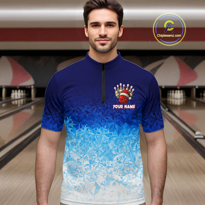 Blue Ice pattern Christmas Team Bowling Polo, Quarter Zip shirts for men Custom Xmas bowling gifts NQS10969