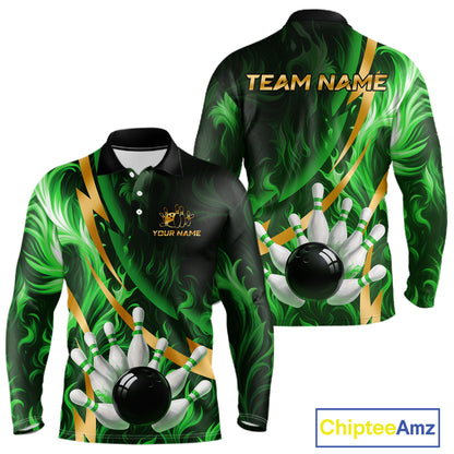 Personalized Bowling Polo, Quarter Zip Shirts for Men Custom Green Flame and Gold Bowling Team Jersey NQS11145