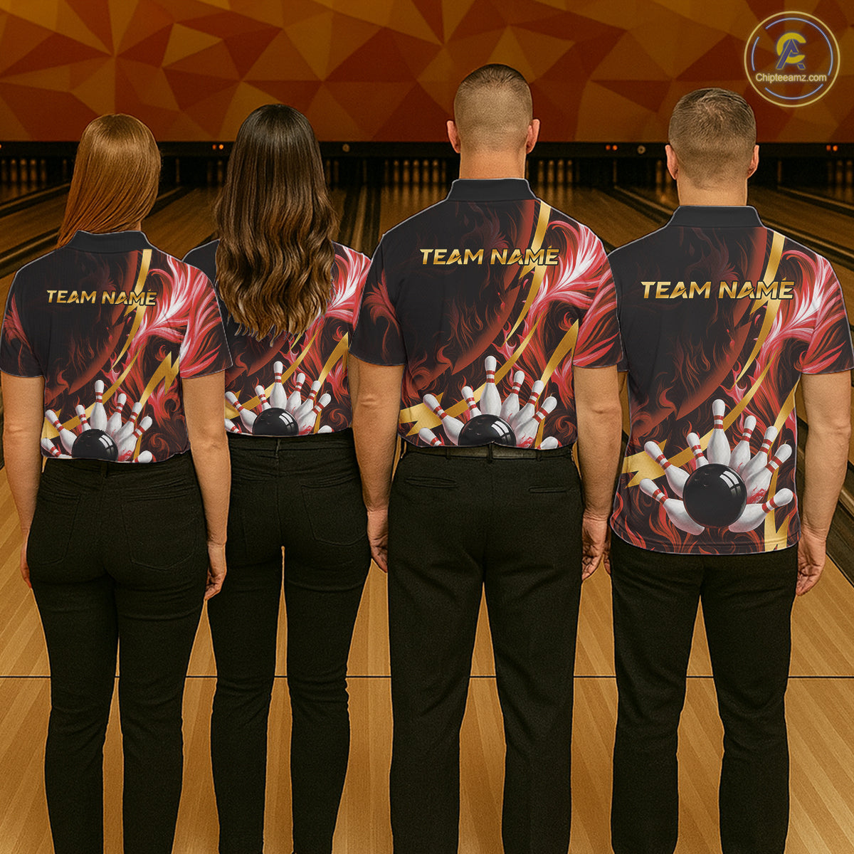 Personalized Bowling Polo, Quarter Zip Shirts for Women Custom Red Flame & Gold Bowling Team Jersey NQS11146