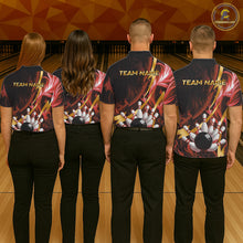 Load image into Gallery viewer, Personalized Bowling Polo, Quarter Zip Shirts for Women Custom Red Flame &amp; Gold Bowling Team Jersey NQS11146