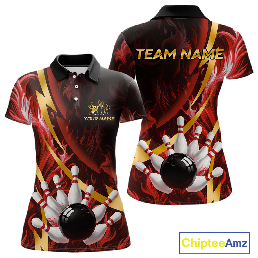 Personalized Bowling Polo, Quarter Zip Shirts for Women Custom Red Flame & Gold Bowling Team Jersey NQS11146