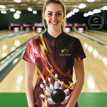 Load image into Gallery viewer, Personalized Bowling Polo, Quarter Zip Shirts for Women Custom Red Flame &amp; Gold Bowling Team Jersey NQS11146