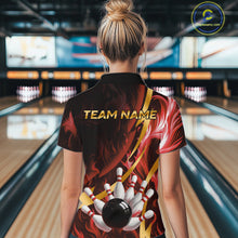 Load image into Gallery viewer, Personalized Bowling Polo, Quarter Zip Shirts for Women Custom Red Flame &amp; Gold Bowling Team Jersey NQS11146