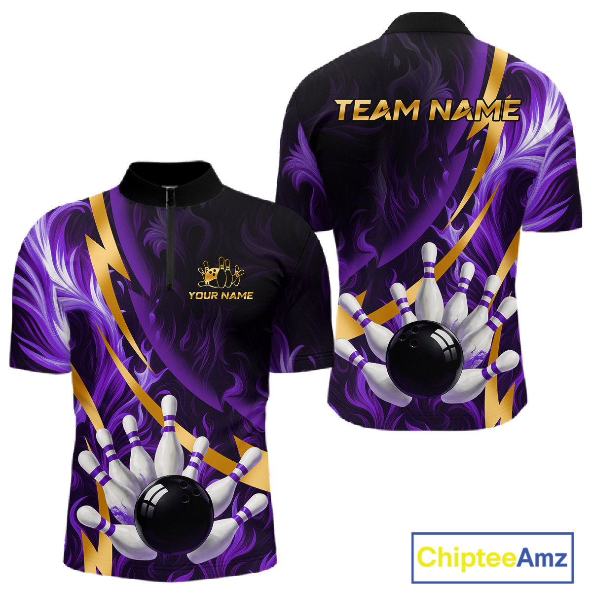 Personalized Bowling Polo, Quarter Zip Shirt for Men Custom Purple Flame and Gold Bowling Team Jersey NQS11147