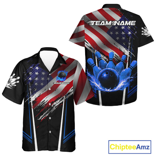 Personalized American Flag Bowling Team Hawaiian Shirt, Black and Blue Patriotic Bowling Gifts NQS11357