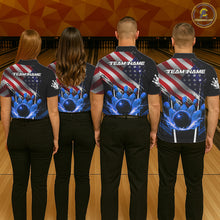 Load image into Gallery viewer, Personalized American Flag Bowling Team Shirts For Men, Black and Blue Patriotic Bowling Gifts NQS11357