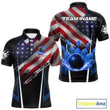 Load image into Gallery viewer, Personalized American Flag Bowling Team Shirts For Men, Black and Blue Patriotic Bowling Gifts NQS11357