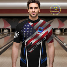 Load image into Gallery viewer, Personalized American Flag Bowling Team Shirts For Men, Black and Blue Patriotic Bowling Gifts NQS11357
