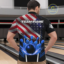 Load image into Gallery viewer, Personalized American Flag Bowling Team Shirts For Men, Black and Blue Patriotic Bowling Gifts NQS11357
