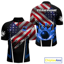 Load image into Gallery viewer, Personalized American Flag Bowling Team Shirts For Men, Black and Blue Patriotic Bowling Gifts NQS11357