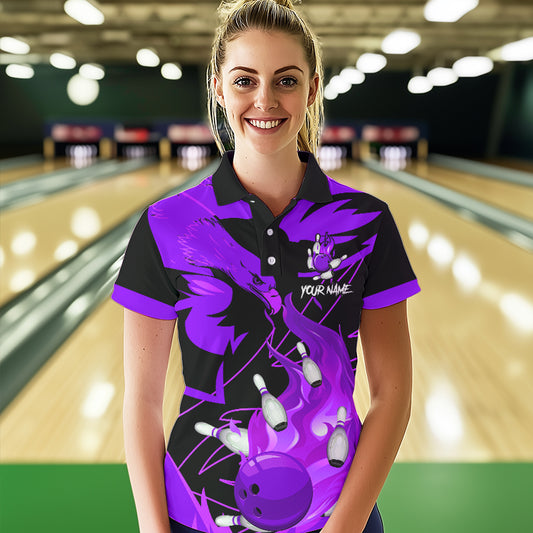 Eagle flame bowling ball and pins custom Women Bowling Shirts, team bowling jerseys | Purple NQS9617