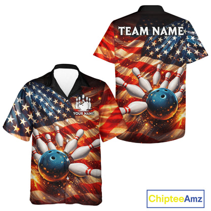 American Flag Bowling Ball and pins Bowling Button-up Shirt Custom Patriotic Bowling Team jerseys NQS11698