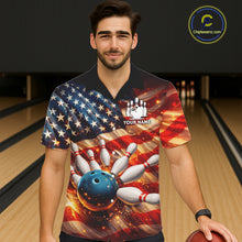 Load image into Gallery viewer, American Flag Bowling Ball and pins Bowling Button-up Shirt Custom Patriotic Bowling Team jerseys NQS11698