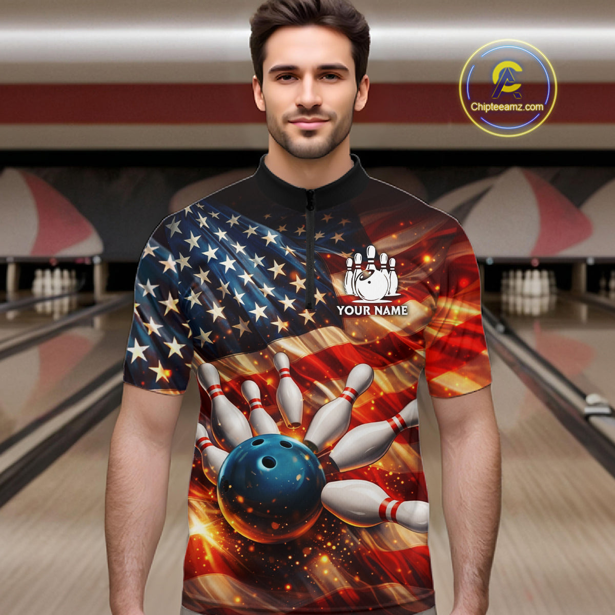 American Flag Bowling Ball and pins Bowling Shirts for Men Custom Patriotic Bowling Team jerseys NQS11698