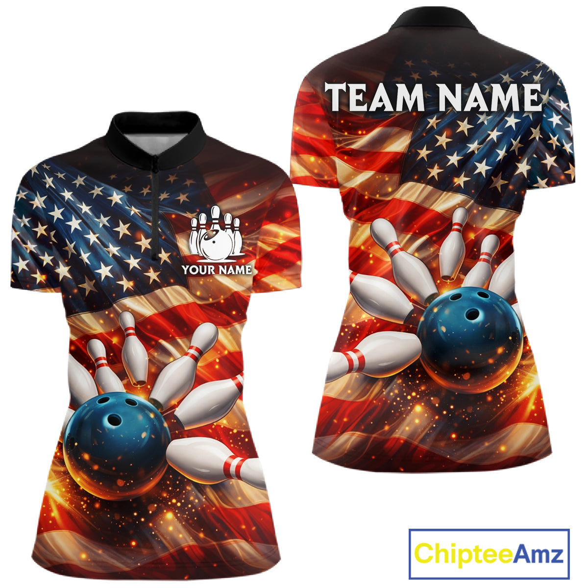 American Flag Bowling Ball and pins Bowling Shirts for Women Custom Patriotic Bowling Team jerseys NQS11698