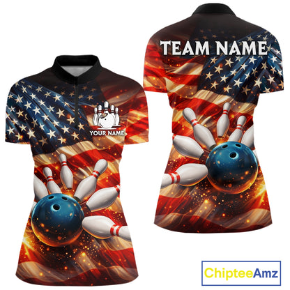 American Flag Bowling Ball and pins Bowling Shirts for Women Custom Patriotic Bowling Team jerseys NQS11698