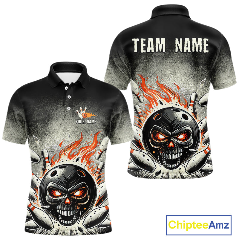 Funny Flame Skull Bowling Ball and Pins Retro Black Bowling Shirt For Men Custom Bowling Team Jersey NQS9794