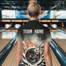 Load image into Gallery viewer, Funny Flame Skull Bowling Ball and Pins Retro Black Bowling Shirt For Women Custom Bowling Team Jersey NQS9794