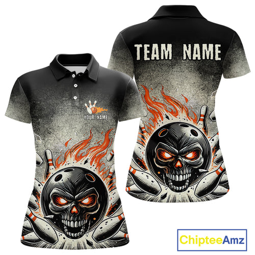 Funny Flame Skull Bowling Ball and Pins Retro Black Bowling Shirt For Women Custom Bowling Team Jersey NQS9794