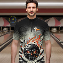 Load image into Gallery viewer, Funny Flame Skull Bowling Ball and Pins Retro Black Bowling Shirt For Men Custom Bowling Team Jersey NQS9794