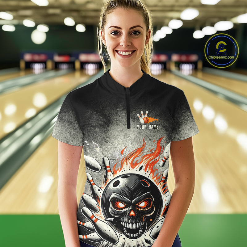 Funny Flame Skull Bowling Ball and Pins Retro Black Bowling Shirt For Women Custom Bowling Team Jersey NQS9794