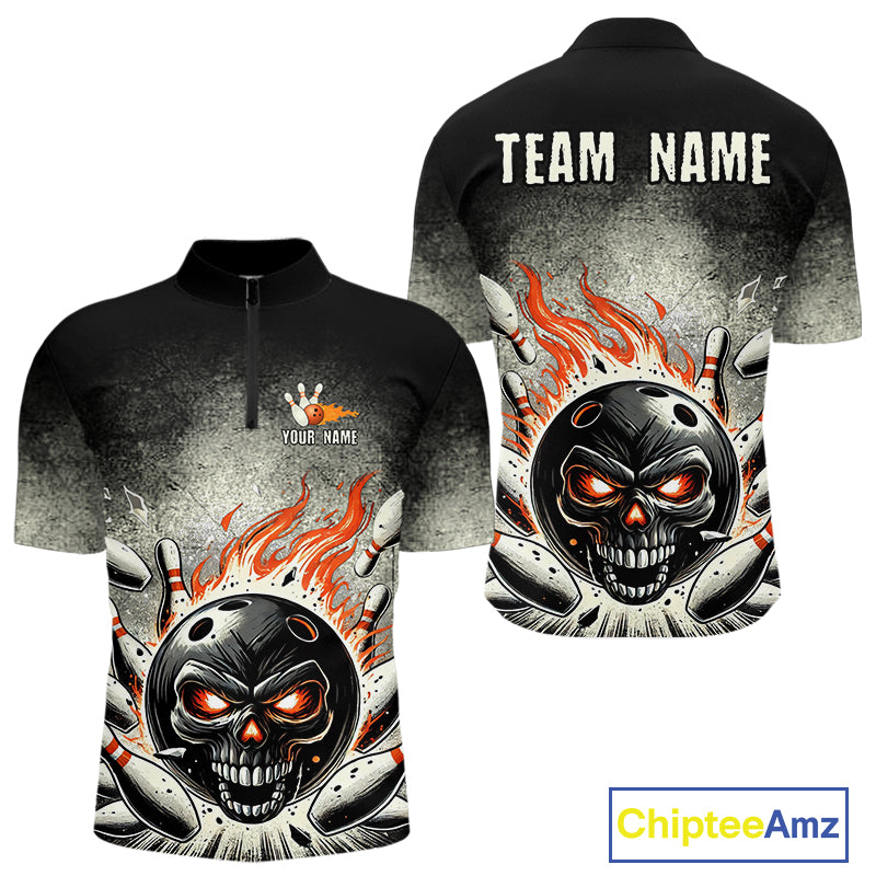 Funny Flame Skull Bowling Ball and Pins Retro Black Bowling Shirt For Men Custom Bowling Team Jersey NQS9794