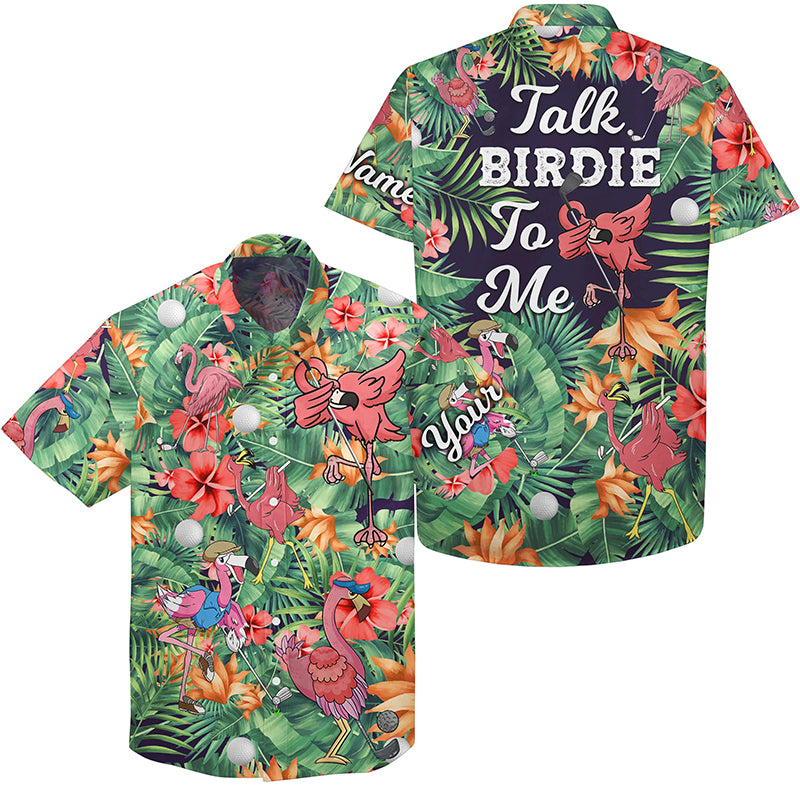 Funny Hawaiian shirt custom green tropical flower flamingo golf shirts talk birdie to me NQS5364