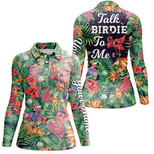 Load image into Gallery viewer, Funny Womens golf polo shirt custom green tropical flower flamingo golf shirts talk birdie to me NQS5364