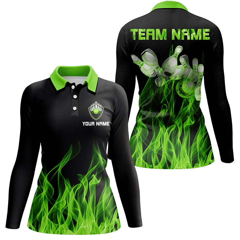 Green personalized bowling shirt for women – custom name design side view