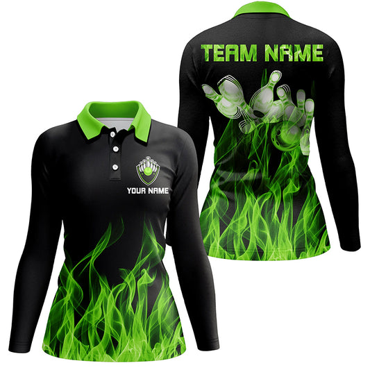 Green personalized bowling shirt for women – custom name design side view