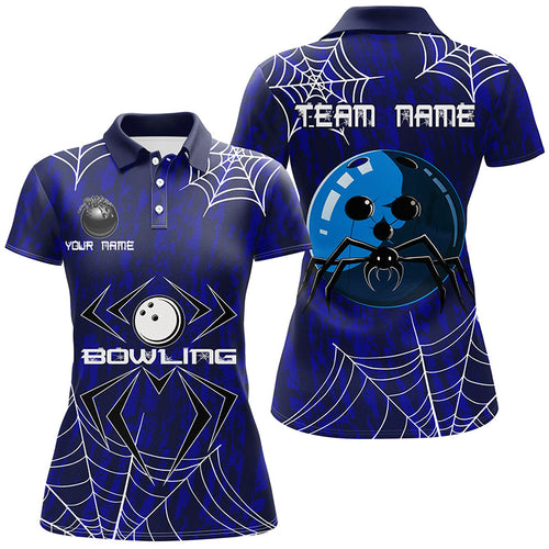 Blue Camo Bowling Polo, 1/4 Quarter zip shirts Custom Spider web Halloween Women Team Bowling jerseys NQS8158