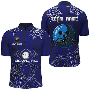 Blue Camo Bowling Polo, 1/4 Quarter zip shirts Custom Spider web Halloween Men Team Bowling jerseys NQS8158